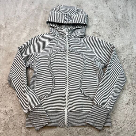 Lululemon Scuba Hoodie Womens Size 12 Grey White Stripe Full Zip Sweatshirt Y2K - Picture 1 of 12
